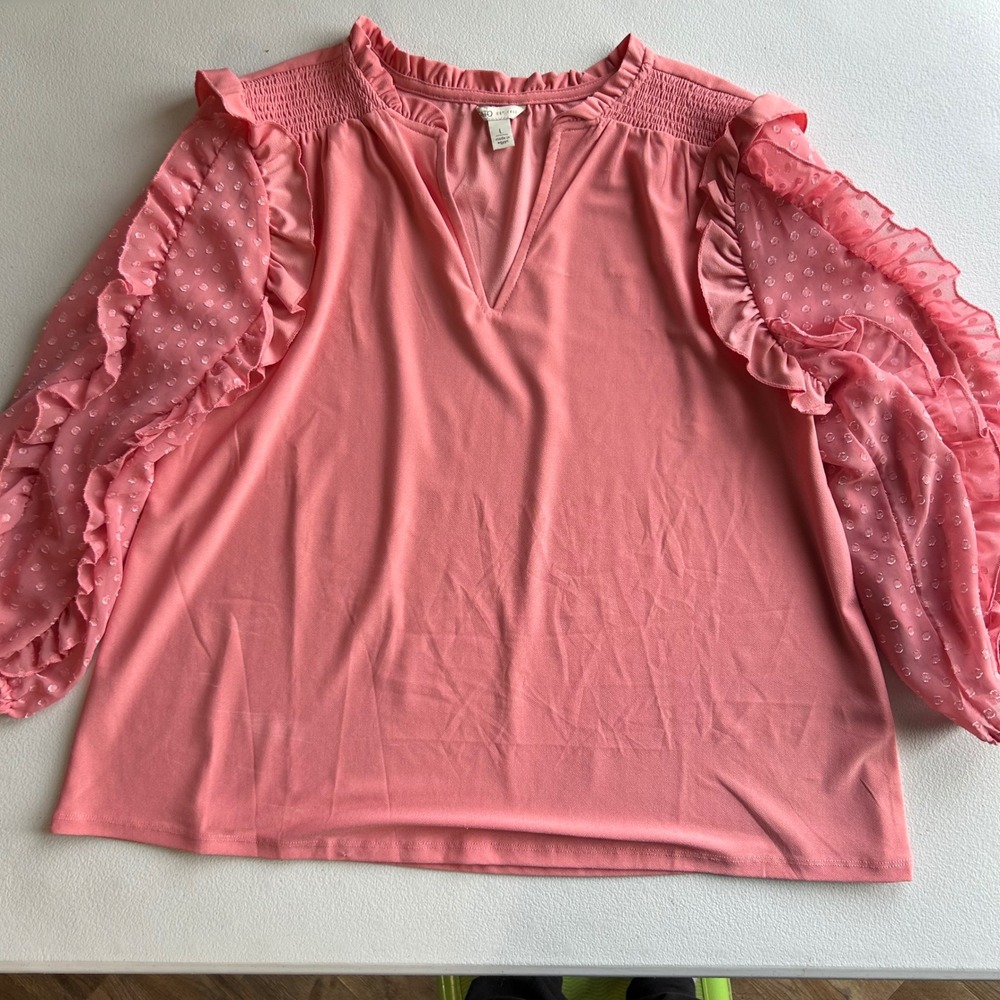 Cato‎ Blouse Womens Large Pink Excellent Swiss Dot Ruffle Sleeve V-Neck Top